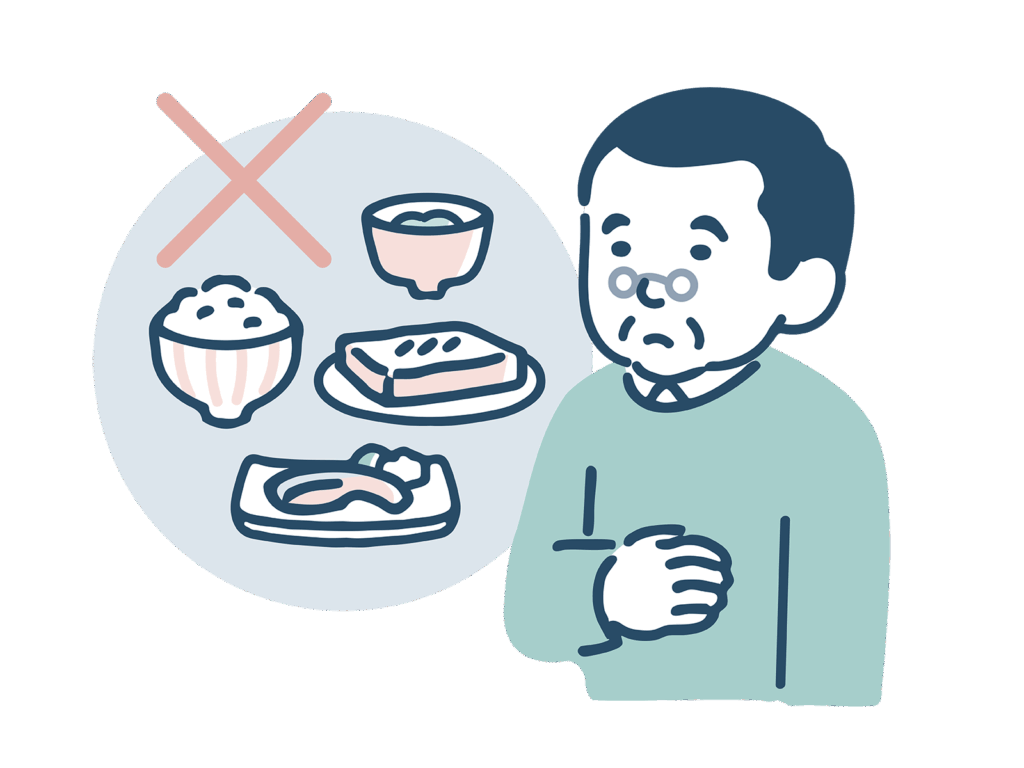 男性が健診のために食事を接種できないでいる様子